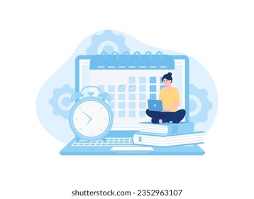 A woman is studying online during free time trending concept flat illustration