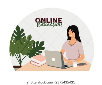 A woman studying online at home with a laptop and study materials, representing education, technology, and productivity in a home environment. Flat vector modern illustration 