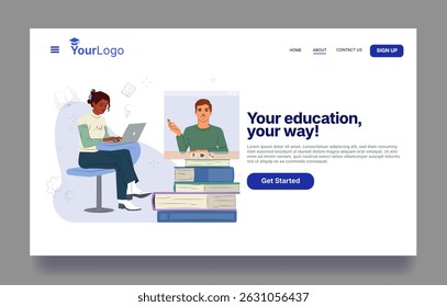 A woman studying online with a laptop while a male tutor appears on screen above stacked books, flat style on white background. Concept of digital education. Vector illustration