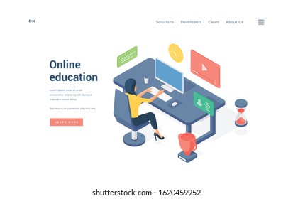 Woman studying online at table. Isometric lady sitting on chair at desk and browsing educational video and article on computer on website banner vector illustration