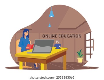 Woman studying online using a laptop in a home, symbolizing modern learning and convenience. Promotes themes of education, e-learning, and personal development through digital means. 