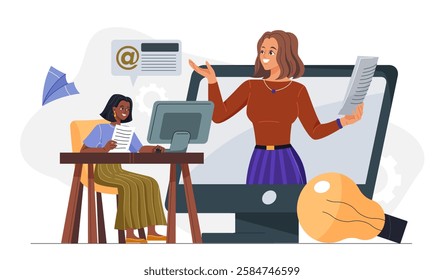 Woman studying online with virtual teacher appearing from screen, modern flat design, white background. Concept of online learning and education