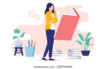 Woman studying reading book - Female person standing, thinking and learning from literature books indoors. Self education concept in flat design vector illustration with white background