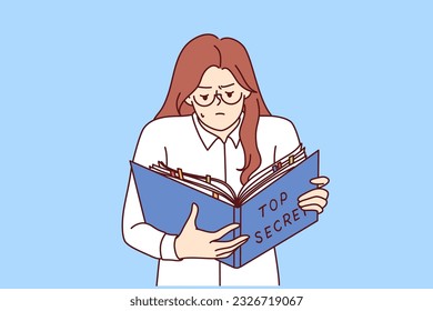 Woman is studying secret documents holding folder of papers in hand and working with confidential data. Businesswoman has access to classified information reads information prohibited for distribution