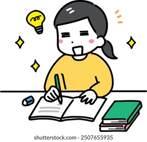 A woman studying with a smile