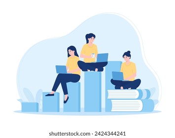 Woman studying using laptop with books trending concept flat illustration
