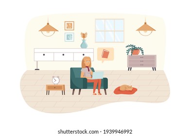 Woman Studying Using Laptop Or Reads E-book Sitting In Living Room Scene. Student Engaged Online Education. Distance Homeschooling Concept. Vector Illustration Of People Characters In Flat Design