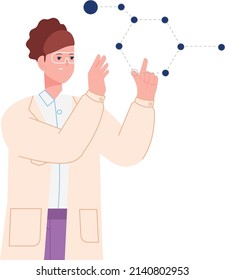 Mujer estudiando la estructura visual. Concepto de investigación científica aislado de fondo blanco