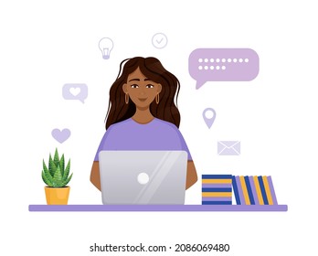 La mujer está estudiando y trabajando en la computadora. Trabajo a distancia, freelance, educación. Comunicación en Internet, reuniones en línea, cursos a distancia. Ilustración del vector