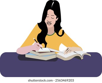 a woman is studying, writing in a book