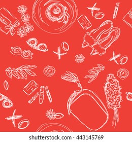 Woman stuf seamless pattern. Hand drawn vector illustration.Doodle background, wallpaper. Texture for print, wallpaper, fabric.