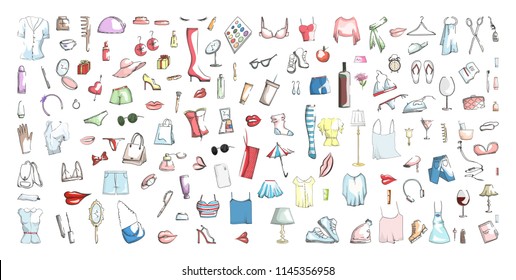 Woman stuff big icon set. Beauty and makeup stickers. Girl clothes, perfume. cosmetics and accessories. Glamorous lifestyle. Isolated vector illustration