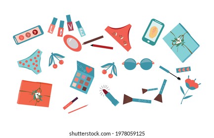 Woman stuff, girls accessory concept. Cosmetic and makeup collection. lipstick, nail polish, mirror, mascara, eye shadows, brush, eyeliner, women's panties, gift boxes and sunglasses. Vector