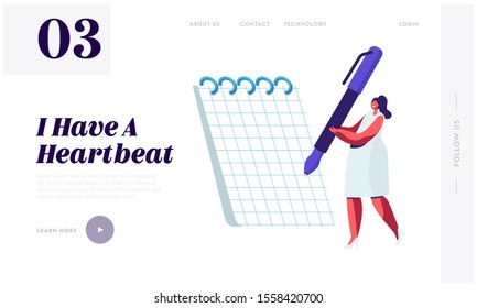 Woman Stuff and Lifestyle Website Landing Page. Beautiful Lady Writing in Notepad with Huge Pen. Young Businesswoman Housewife or Student Making Notes Web Page Banner. Cartoon Flat Vector Illustration