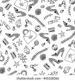 Woman stuff: lipstick,comb,shoes,cupcake,bag,flowers,ring seamless pattern.Hand drawn vector illustration.Doodle background,wallpaper.Texture for print,wallpaper,fabric.