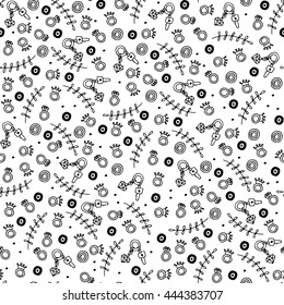 Woman stuff: rings, keys, herbs seamless pattern. Hand drawn vector black and white illustration. Doodle background,wallpaper. Texture for print, wallpaper, fabric. Stylish jewellery. 