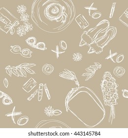 Woman stuff seamless pattern. Hand drawn vector illustration.Doodle background, wallpaper. Texture for print, wallpaper, fabric.