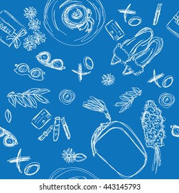 Woman stuff seamless pattern. Hand drawn vector illustration.Doodle background, wallpaper. Texture for print, wallpaper, fabric.