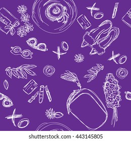 Woman stuff seamless pattern. Hand drawn vector illustration.Doodle background, wallpaper. Texture for print, wallpaper, fabric.