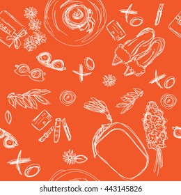Woman stuff seamless pattern. Hand drawn vector illustration.Doodle background, wallpaper. Texture for print, wallpaper, fabric.