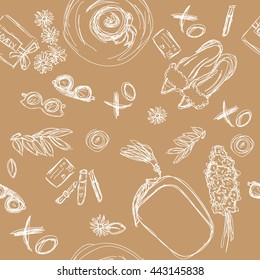 Woman stuff seamless pattern. Hand drawn vector illustration.Doodle background, wallpaper. Texture for print, wallpaper, fabric.