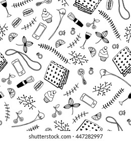 Woman stuff:mirror,comb,cellphone,neckerchief,brush,herbs,flowers seamless pattern.Hand drawn vector illustration.Doodle background,wallpaper.Texture for print,wallpaper,fabric.