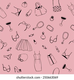 Woman style seamless pattern. Hand drawing female accessories.