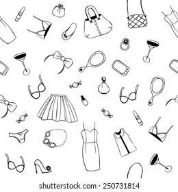 Woman style seamless pattern. Hand drawing female accessories on a white background.