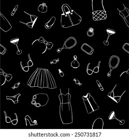 Woman style seamless pattern. Hand drawing female accessories on a black background.