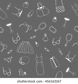 Woman style seamless pattern. Hand drawing female accessories on a gray  background.