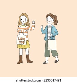 woman style with tote bag, freehand drawn style