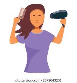 Woman is styling her hair, holding a comb in one hand and a hairdryer in the other