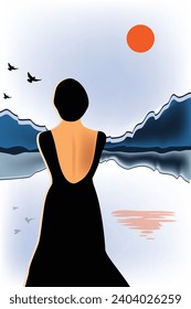 A woman in a stylish backless black dress watches as the sun rises above a mountainous landscape.