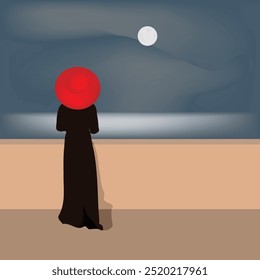 A woman in a stylish black gown and red hat poses on a balcony overlooking shiny waters and under a glowing full moon.