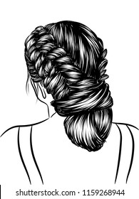 Woman with stylish braided bun with perfect eyebrow shaped and full. Illustration of business hairstyle with natural long hair. Hand-drawn idea for greeting card, poster, flyers, web, print for t-shir