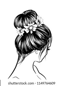 Woman with stylish classic bun with flowers. Illustration of business hairstyle with natural long hair. Hand-drawn idea for gretting card, poster, flyers, web, print for t-shirt.