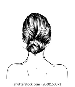 Woman with stylish classic bun. Illustration of business hairstyle with natural long hair. Hand-drawn idea for gretting card, poster, flyers, web, print for t-shirt.