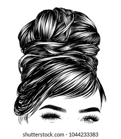 Woman with stylish classic bun with perfect eyebrow shaped and ful. Illustration of business hairstyle with natural long hair. Hand-drawn idea for gretting card, poster, flyers, web, print for t-shirt