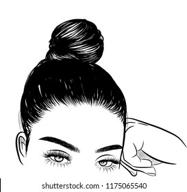 Woman with stylish classic bun with perfect eyebrow shaped and full. Illustration of business hairstyle with natural long hair. Hand-drawn idea for gretting card, poster, flyers, web, print for t-shirt.