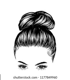 Woman with stylish classic bun with perfect eyebrow shaped and full. Illustration of business hairstyle with natural long hair. Hand-drawn idea for greeting card, poster, flyers, web, print for t-shirt.