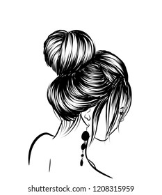 Woman with stylish classic bun with perfect eyebrow shaped and full. Illustration of business hairstyle with natural long hair. Hand-drawn idea for greeting card, poster, flyers, web, print for t-shir