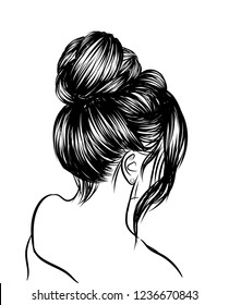 Woman with stylish classic bun with perfect eyebrow shaped and full. Illustration of business hairstyle with natural long hair. Hand-drawn idea for greeting card, poster, flyers, web, print for t-shir