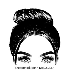 Woman with stylish classic bun with perfect eyebrow shaped and full. Illustration of business hairstyle with natural long hair. Hand-drawn idea for greeting card, poster, flyers, web, print for t-shir