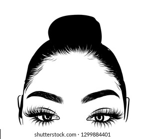 Woman with stylish classic bun with perfect eyebrow shaped and full. Illustration of business hairstyle with natural long hair. Hand-drawn idea for greeting card, poster, flyers, web, print for t-shir