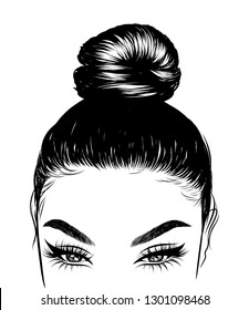 Woman with stylish classic bun with perfect eyebrow shaped and full. Illustration of business hairstyle with natural long hair. Hand-drawn idea for greeting card, poster, flyers, web, print for t-shirt