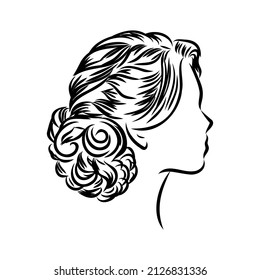 Woman with stylish classic bun with perfect eyebrow shaped and full. Illustration of business hairstyle with natural long hair.