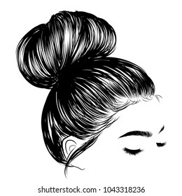 Woman with stylish classic bun with perfet eyebrow shaped and ful. Illustration of business hairstyle with natural long hair. Hand-drawn idea for gretting card, poster, flyers, web, print for t-shirt.