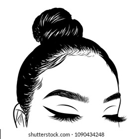 Woman with stylish classic bun with perfet eyebrow shaped and ful. Illustration of business hairstyle with natural long hair. Hand-drawn idea for gretting card, poster, flyers, web, print for t-shirt.