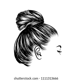 Woman with stylish classic bun with perfet eyebrow shaped and ful. Illustration of business hairstyle with natural long hair. Hand-drawn idea for gretting card, poster, flyers, web, print for t-shirt.