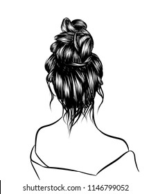 Woman with stylish classic bun with perfet eyebrow shaped and ful. Illustration of business hairstyle with natural long hair. Hand-drawn idea for gretting card, poster, flyers, web, print for t-shirt.